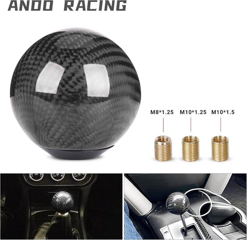 ANDO RACING Carbon Fiber Shift Knob Gear,Universal Carbon Fiber Style Round Ball Shift Knob with 3 Adapter,Fit for Manual Car (Black) - Image 2